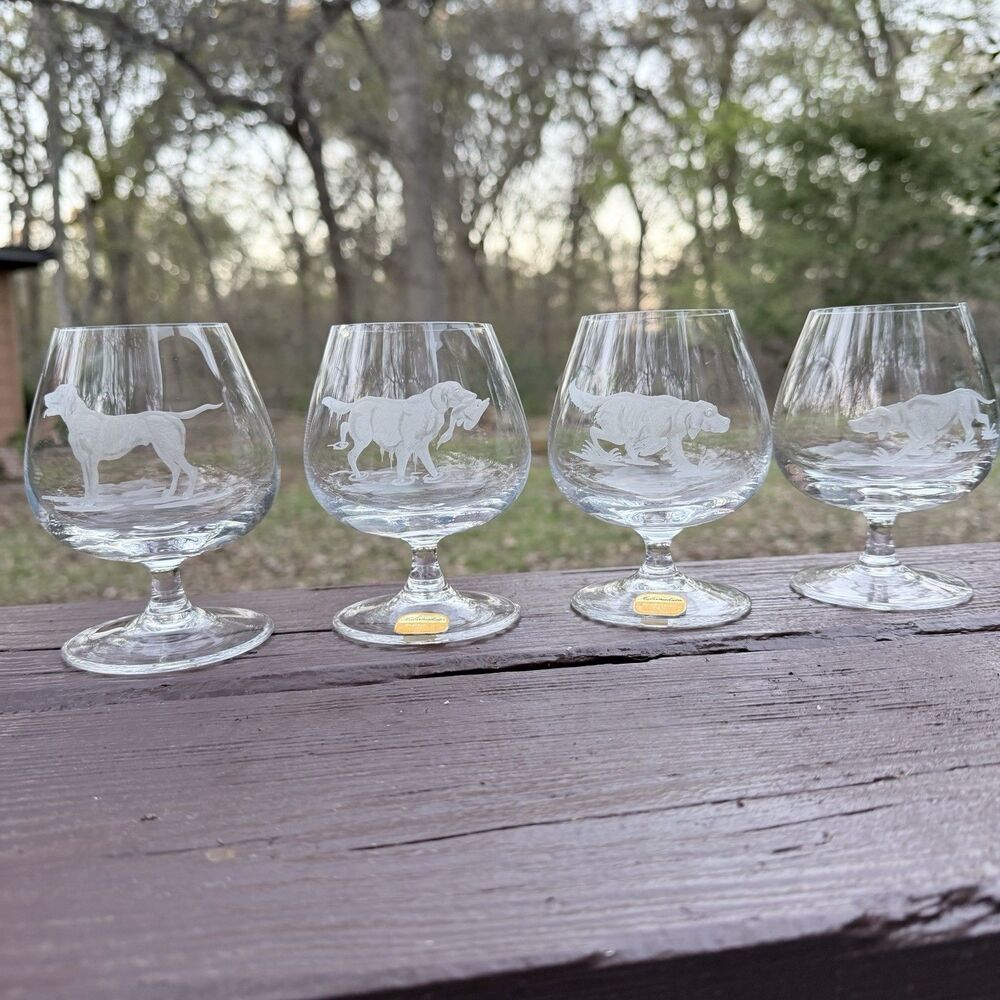4 Hubertushutte Crystal Glasses HUNTING DOGS